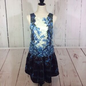 Tibi Sidewalk Blue Silk Dress Womens 6 Floral Drop Waist Back Tie Cocktail Party